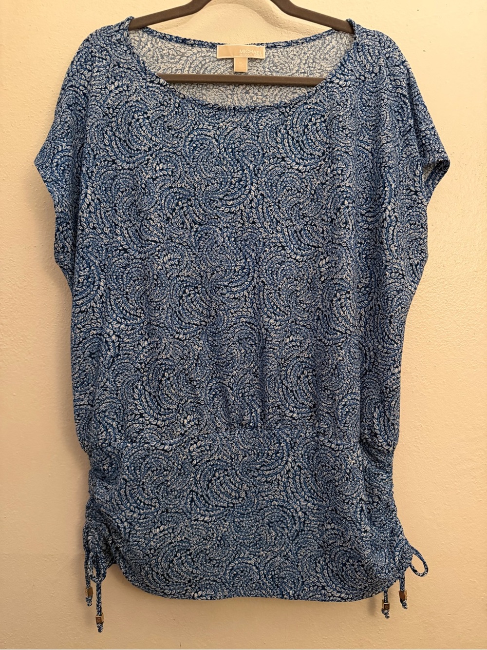 MICHAEL Michael Kors Blue Swirl Print Tunic Smocked Dolman Sleeve Top Like New